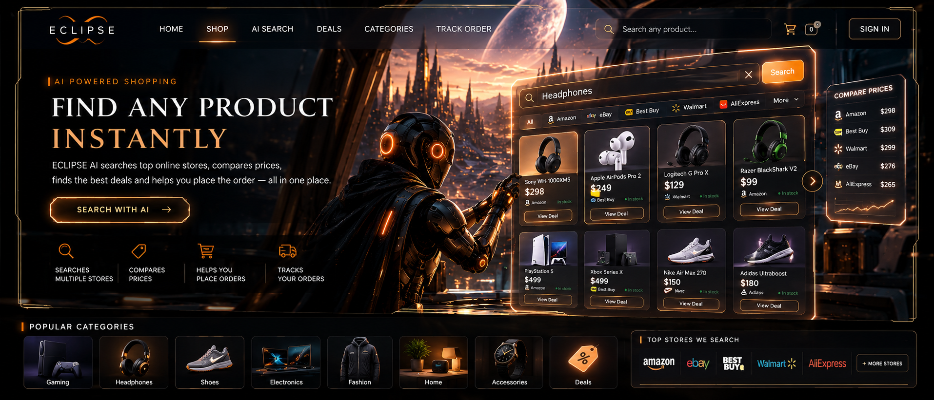 ECLYONLABS shopping concept artwork with a futuristic storefront and product cards